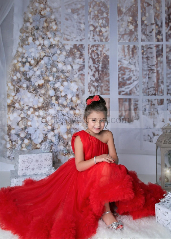 One Shoulder Red Tulle High Low Flower Girl Dress